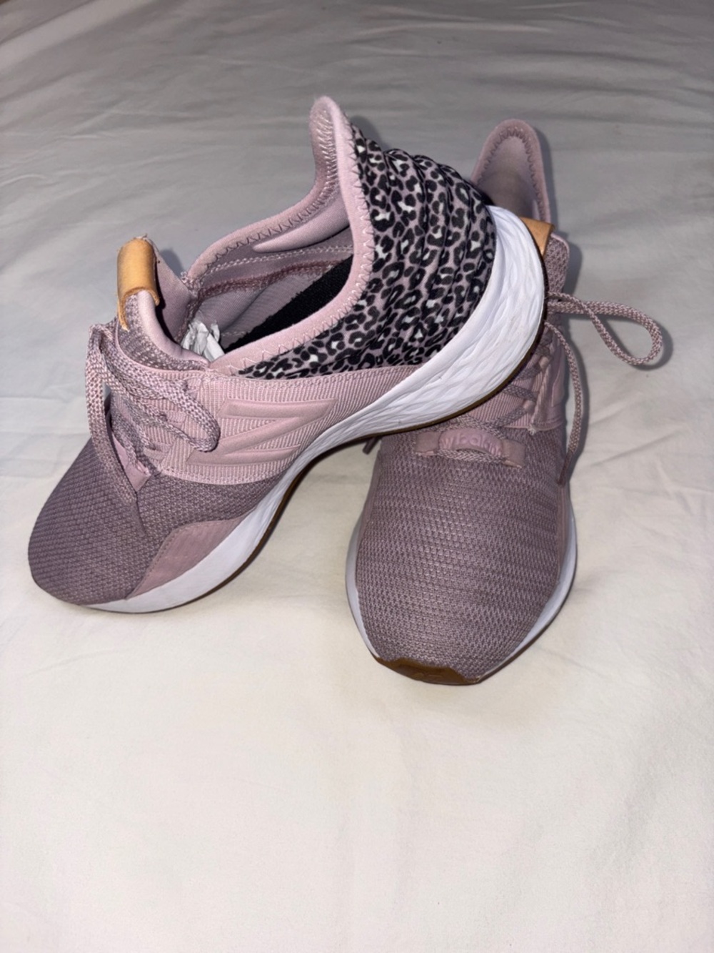 New Balance Pink Knit Athletic Sneakers with Leopard Collar